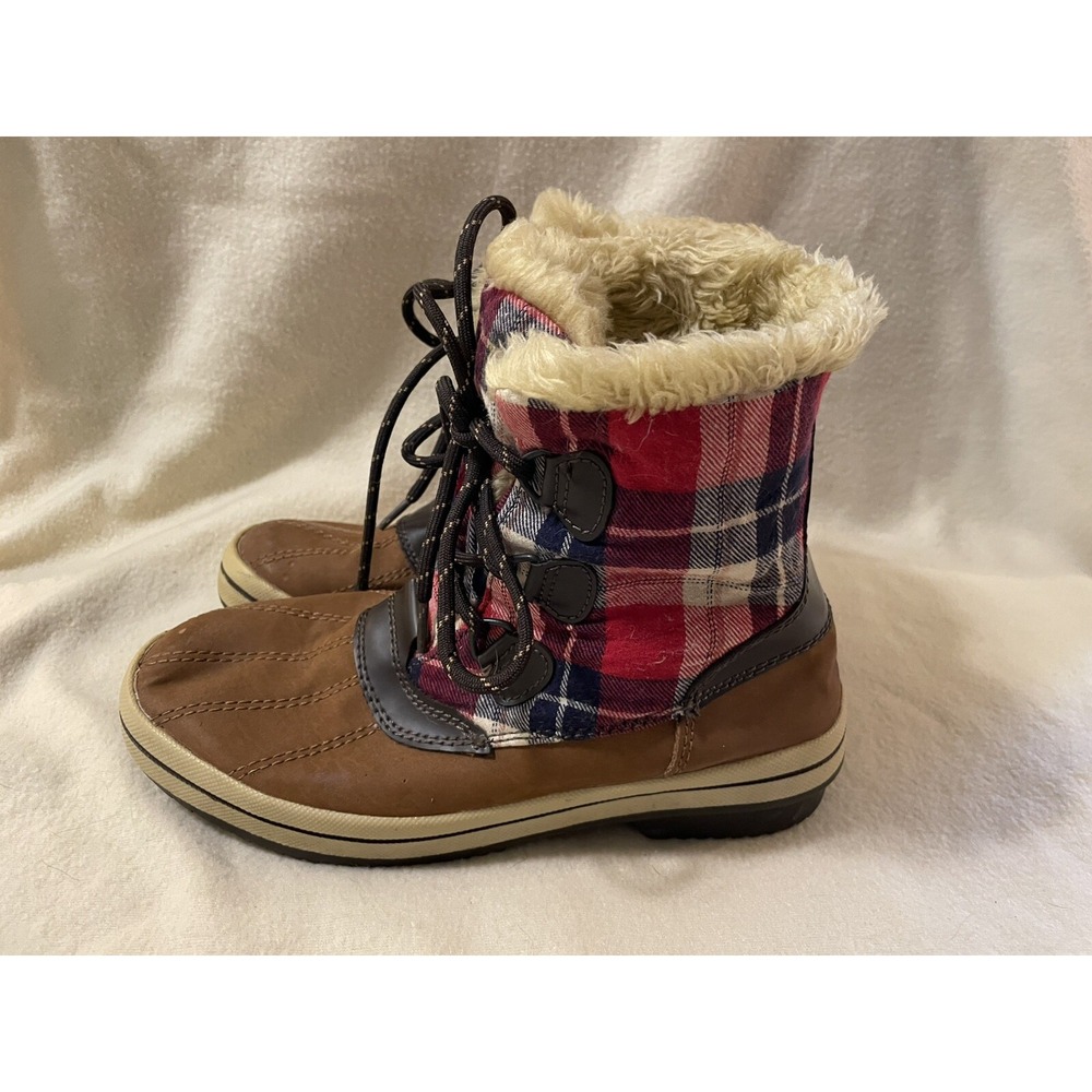 Women's Faux Fur Lined Plaid Winter Boots Size 9 Mid-calf/High Ankle Brown Suede
